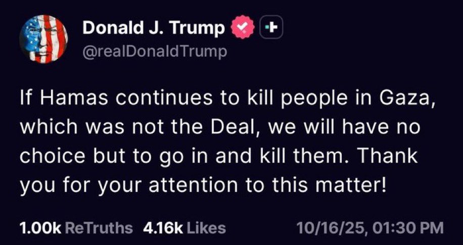 RpsAgainstTrump's tweet image. Trump: “If Hamas continues to kill people in Gaza…we will have no choice but to go in and kill them.”