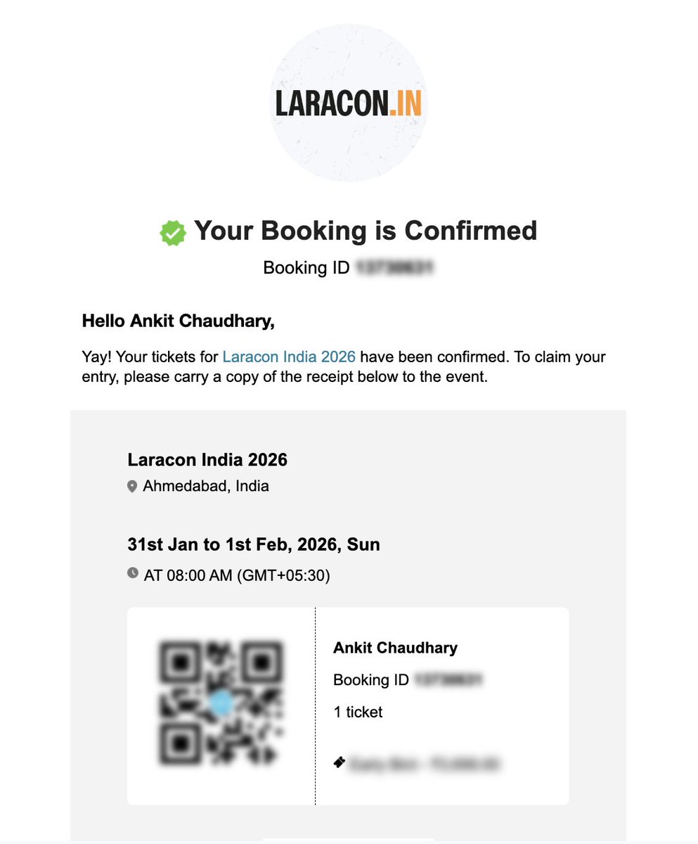 🔥 Just booked my ticket for <a href="/LaraconIN/">LaraconIN</a> 2026

Can’t wait to meet the brilliant Laravel minds, learn, build, and get inspired.

Let’s make it legendary! 🚀💻
 
#Laracon #Laravel #WebDev #LaraconIN