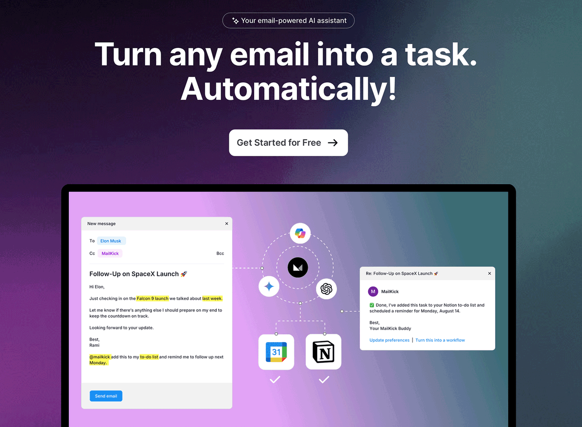 sideprojectors's tweet image. Side project showcase - check out MailKick - Email-powered AI assistant to turn any email into a task. - sideprojectors.com/project/66411/… @sideprojectors #sideproject #makers #entrepreneur #mailkick