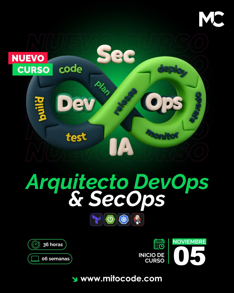 mitocode's tweet image. 🚨 Nuevo curso 🚨
¡Hey coder! 🙋🏻♀🙋🏻♂.
Domina DeVops y SecOps , aprende a generar flujos CI/ CD asistido con IA. 👩🏻💻👨🏻💻
🚨 ÚLTIMA EDICIÓN DEL AÑO:
DevOps & SecOps
📆 Inicio: 05 de noviembre
📲 buff.ly/5kS5HuV