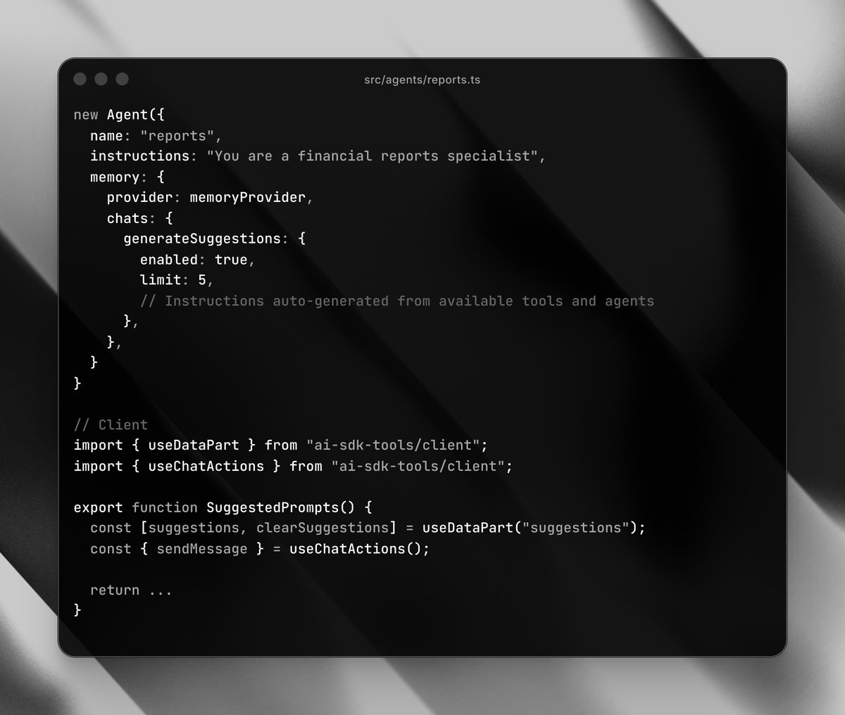 pontusab's tweet image. This is all you need to generate suggested follow-up questions, based on what your system is capable of, using available tools, agents, and context, streamed and fully typed.