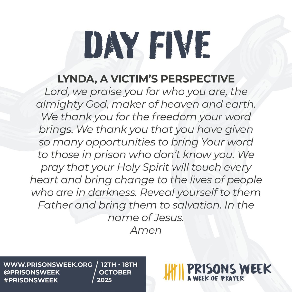 Day Five of #PrisonsWeek 2025 

“Thank you for the freedom your word brings.”

Today we pray for those in prison to encounter God’s love &amp; hope — and for hearts to be changed by His light.

Where have you seen God bring freedom?

#HopeBehindBars #Junction42