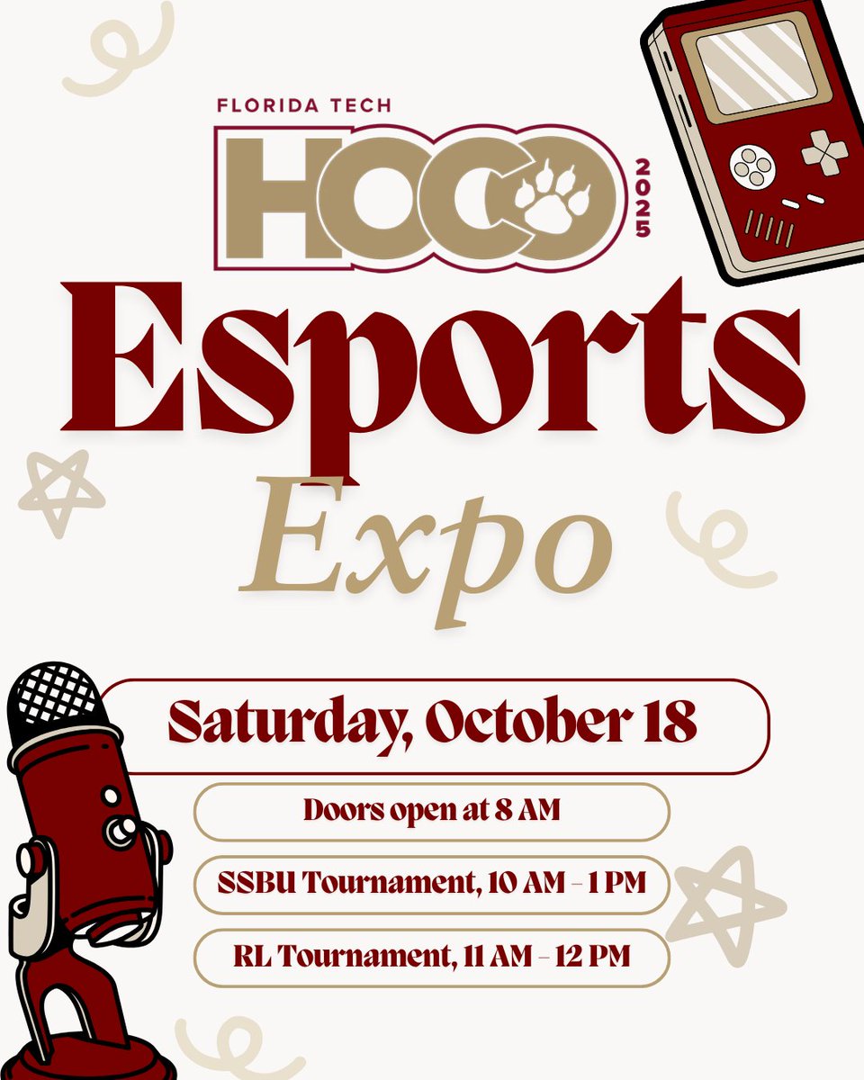 As part of Homecoming, the Esports Center will be open this Saturday, October 18, starting at 8 AM! 🎮❤️

Join us from 8 AM - 1 PM to hang out, play some Rock Band, or compete in one of our friendly tournaments! This event is open to the community!

#esports | #pantherpride