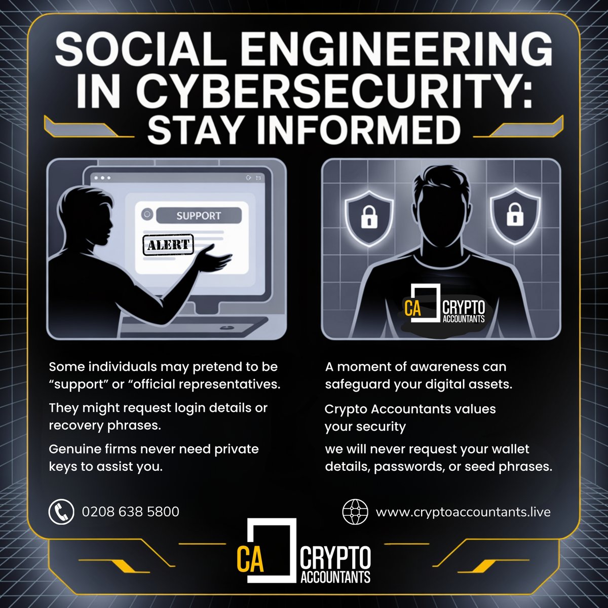 web3_accountant's tweet image. Social engineering in crypto often begins with trust.

Stay aware of messages asking for wallet access or recovery phrases.

Crypto Accountants will never request this information.

A moment of verification can protect your assets.

#cybersecurity #crypto #hmrc #ukcrypto