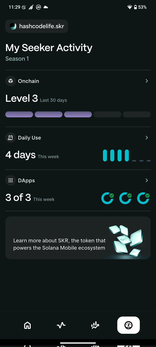 HashCodeLife's tweet image. My $Solana Seeker activity Tab ✨🪂
3 more days left in the week $skr $sol
Who needs a tutorial on how to achieve it every week 🫡
Like & RT
Comment something 👇 or drop your activity tab 🪂