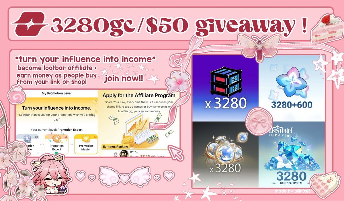 cielikes's tweet image. ✦ 3280 / 50$ GC GIVEAWAY ✦

✦ follow me &amp;amp; @Lootbar_gg 
✦ like + rt this post
✦ log in or register through my link &amp;amp; reply w your lootbar uid

✦ lootbar.gg/affiliate/guid…

ends on halloween 🩷

#genshin #genshinimpact #genshintwt #giveaway