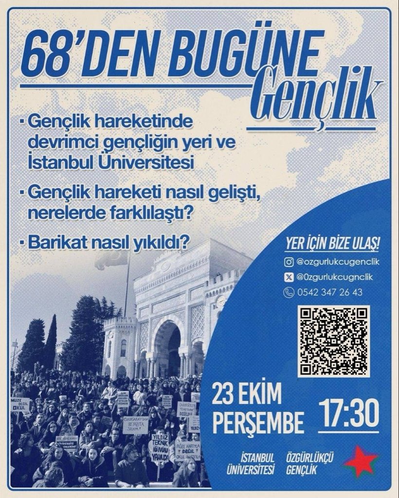 İstanbul Üniversitesi Özgürlükçü Gençlik olarak 68’den bugüne gençlik hareketini ve İstanbul Üniversitesi’nin gençlik hareketindeki yerini konuşuyor, barikatı yıkışımızın arkaplanını tartışıyoruz.

Beyazıt’ın bir tarihi var, birlikte hatırlayalım! Katılmak için bize ulaş👇🏼