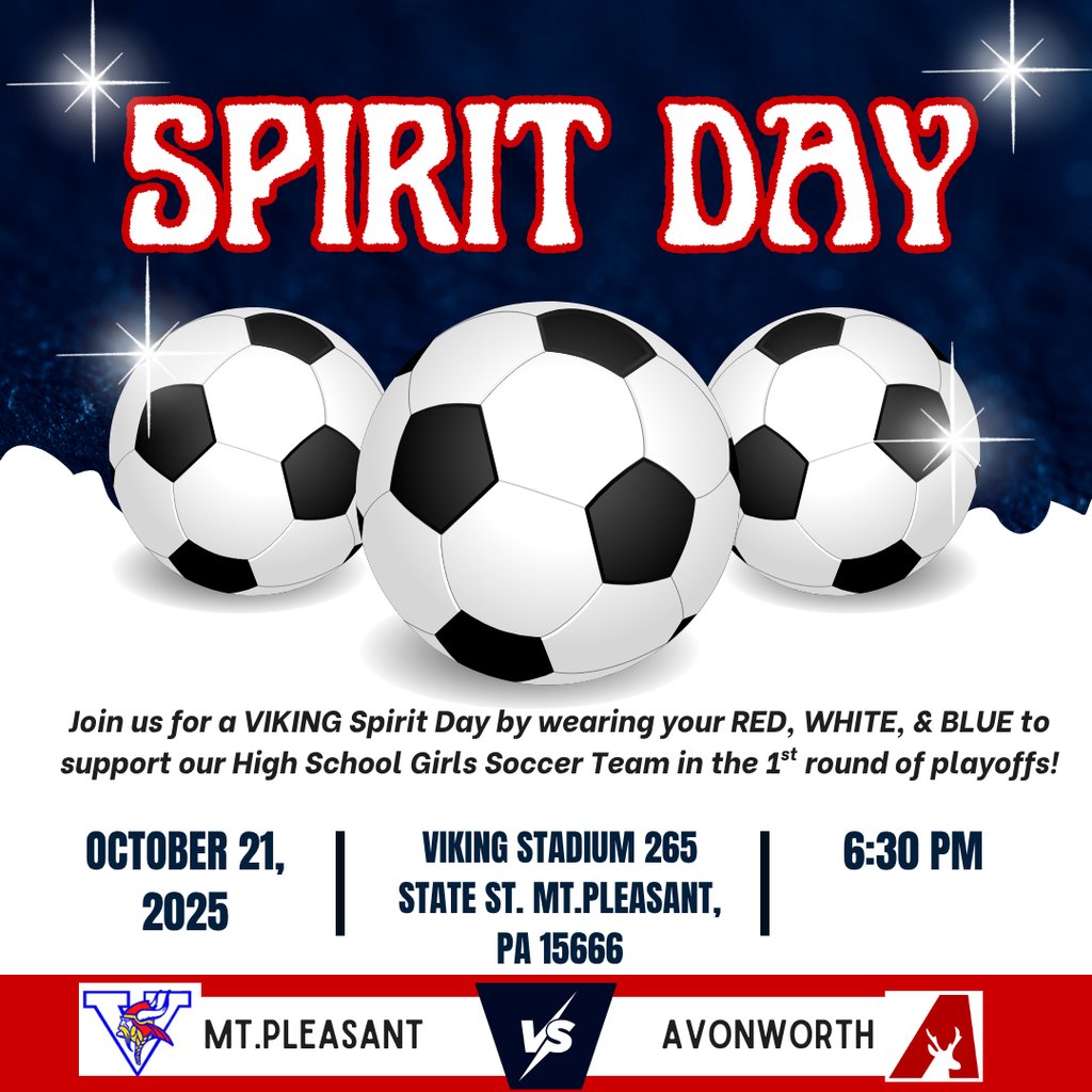 MPASDVikings's tweet photo. Students and Staff: Come out next week to cheer on our boys and girls soccer teams as they take the field during the 1st round of the playoffs! Wear your red, white, and blue at school and then... let’s fill the stands with students and staff support! ⚽🔥 #rowvikes @mpavikings https://t.co/3oFc8BbksN