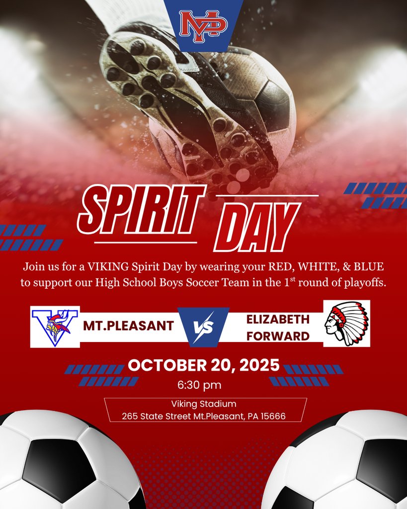 MPASDVikings's tweet photo. Students and Staff: Come out next week to cheer on our boys and girls soccer teams as they take the field during the 1st round of the playoffs! Wear your red, white, and blue at school and then... let’s fill the stands with students and staff support! ⚽🔥 #rowvikes @mpavikings https://t.co/3oFc8BbksN