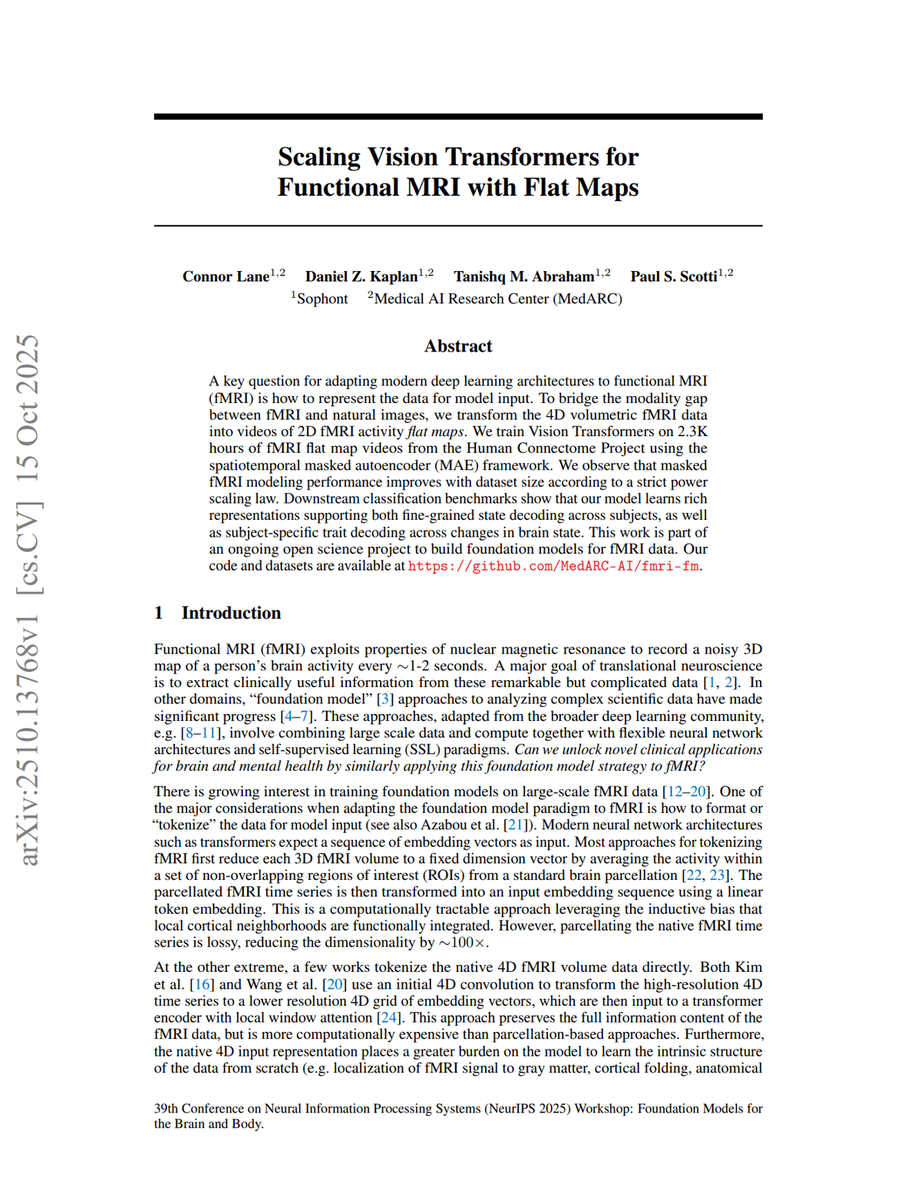 SophontAI's tweet image. Excited to share our first paper:
Scaling Vision Transformers for Functional MRI with Flat Maps
We introduce a new approach to training fMRI neuroimaging foundation models and demonstrate a strict dataset power scaling law!