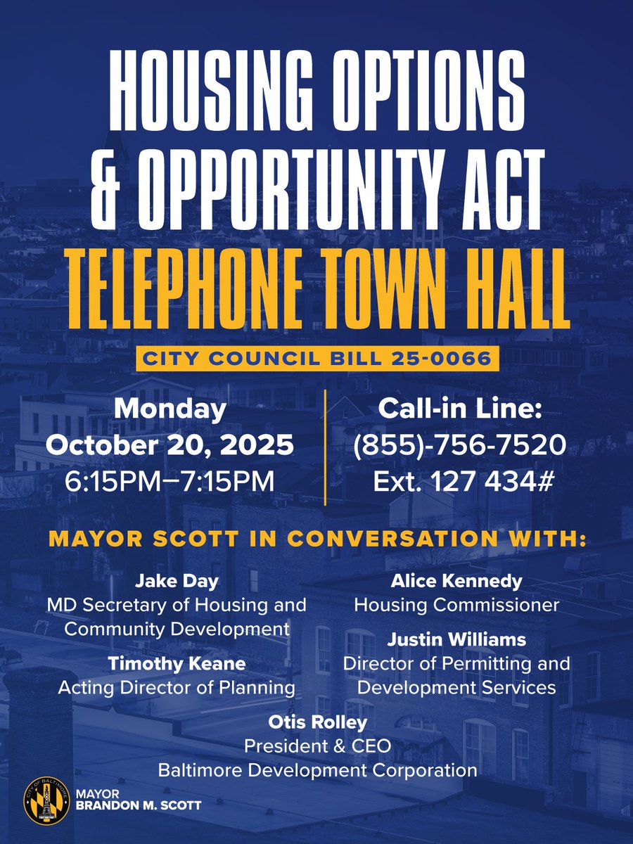Housing is a human right. On Monday, October 20th, I will be holding a Telephone Town Hall to talk about Council Bill 20-0066 and the work being done to ensure that every Baltimorean has access to safe and affordable housing. 

Mark your calendars and join the conversation.