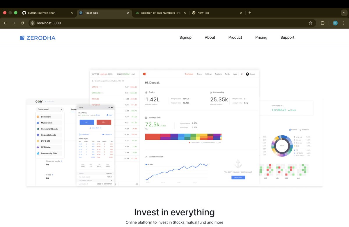Sufiyan_Dev's tweet image. 🚀 Day 22 of #100DaysOfCode
Built the Home & About sections of my Zerodha Clone using React + Bootstrap 💻✨
#WebDev #ReactJS #CodingJourney
