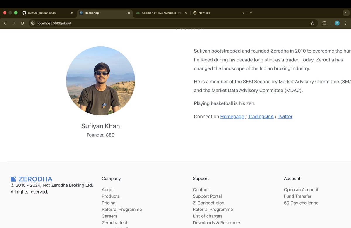 Sufiyan_Dev's tweet image. 🚀 Day 22 of #100DaysOfCode
Built the Home & About sections of my Zerodha Clone using React + Bootstrap 💻✨
#WebDev #ReactJS #CodingJourney