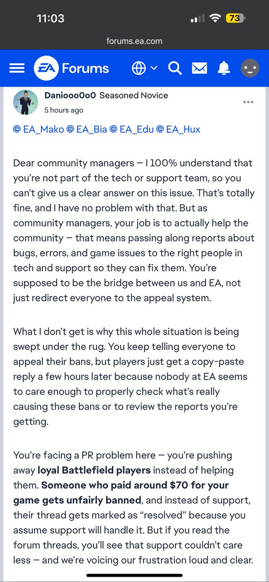 VIZMAI0R's tweet photo. @tiggr_ Please look into the increasing of false bans. More forums on EAForums, Steam Community, Xbox, PS5, &amp; Rog Ally are reporting being randomly banned. Too many screenshots to take that I can't attach but it is happening more frequently now. https://t.co/8vS1T3MRLU