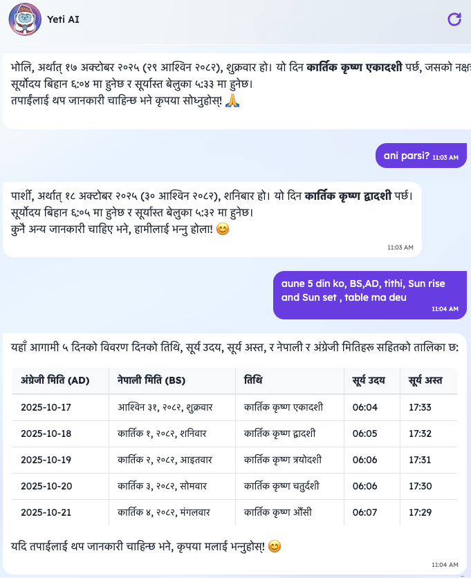 Our Yeti AI is working amazingly well; it will change how you use Hamro Patro.