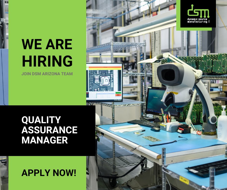 dynamicsource_'s tweet image. We&apos;re Hiring! 🚀 
Dynamic Source Manufacturing (DSM) is looking for a Quality Assurance Manager to join our team in Tempe, AZ. If you’re passionate about continuous improvement, quality systems, and making an impact in electronics manufacturing, we’d love to hear from you.