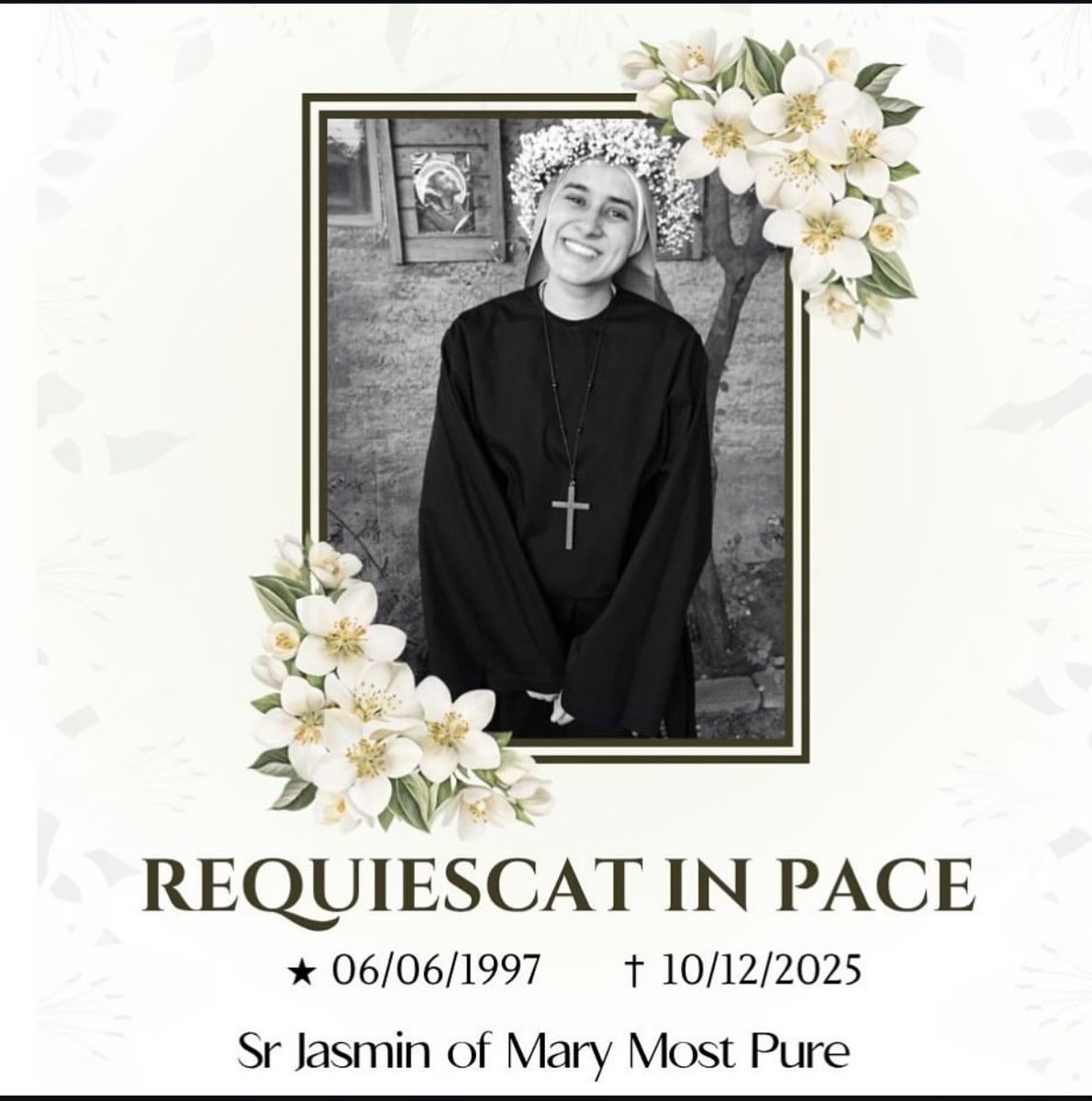Sister Jasmin of Mary Most Pure has passed on from this mortal existence. She was a religious sister with the Sisters Poor of Jesus Christ.

Please pray for the repose of this beautiful soul, and for consoling graces to be showered down upon her fellow sisters and her family.