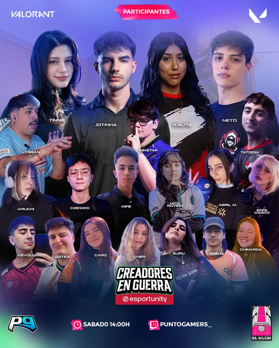 PUNTO GAMERS (@puntogamers_) on Twitter photo 🚨 PRESENTACIÓN OFICIAL 🚨
Ya están los 20 participantes confirmados de Creadores en Guerra junto a <a href="/esportunitygg/">esportunity</a> que estarán presentes en una nueva edición de Valorant esta vez de manera presencial en EL KLUB ⚡️🤟🏻
🗓 Sabado 14:00H
🖥 Twitch.tv/puntogamers_ 🚨 PRESENTACIÓN OFICIAL 🚨
Ya están los 20 participantes confirmados de Creadores en Guerra junto a <a href="/esportunitygg/">esportunity</a> que estarán presentes en una nueva edición de Valorant esta vez de manera presencial en EL KLUB ⚡️🤟🏻
🗓 Sabado 14:00H
🖥 Twitch.tv/puntogamers_