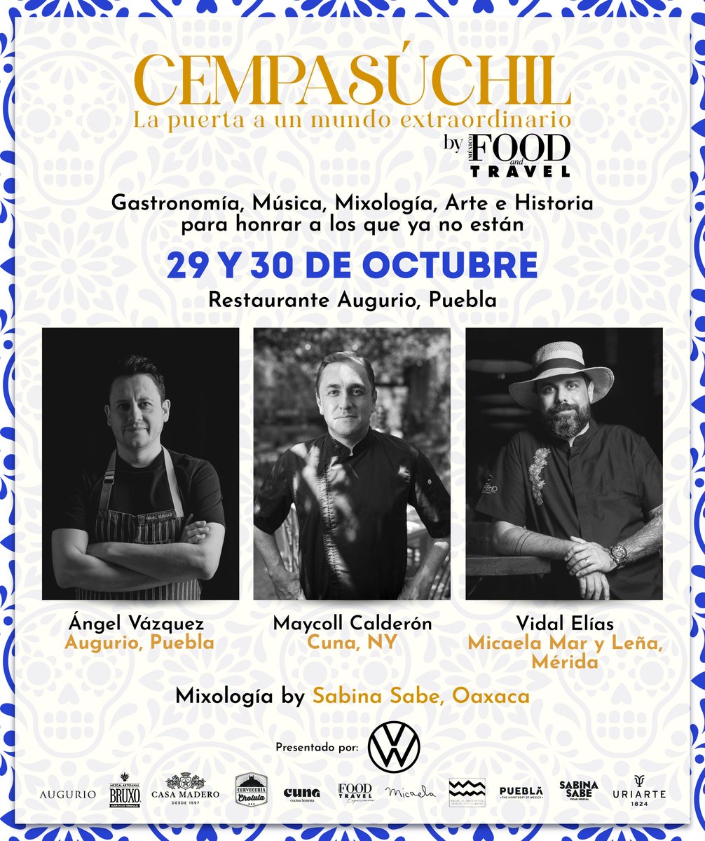 Dos noches para vivir la magia del Día de Muertos como nunca antes.
Cempasúchil te invita a una experiencia que une gastronomía, arte, música y mixología en un tributo lleno de historia y sabor.
El 29 y 30 de octubre, en Restaurante Augurio, Puebla.
Presentado por Volkswagen.