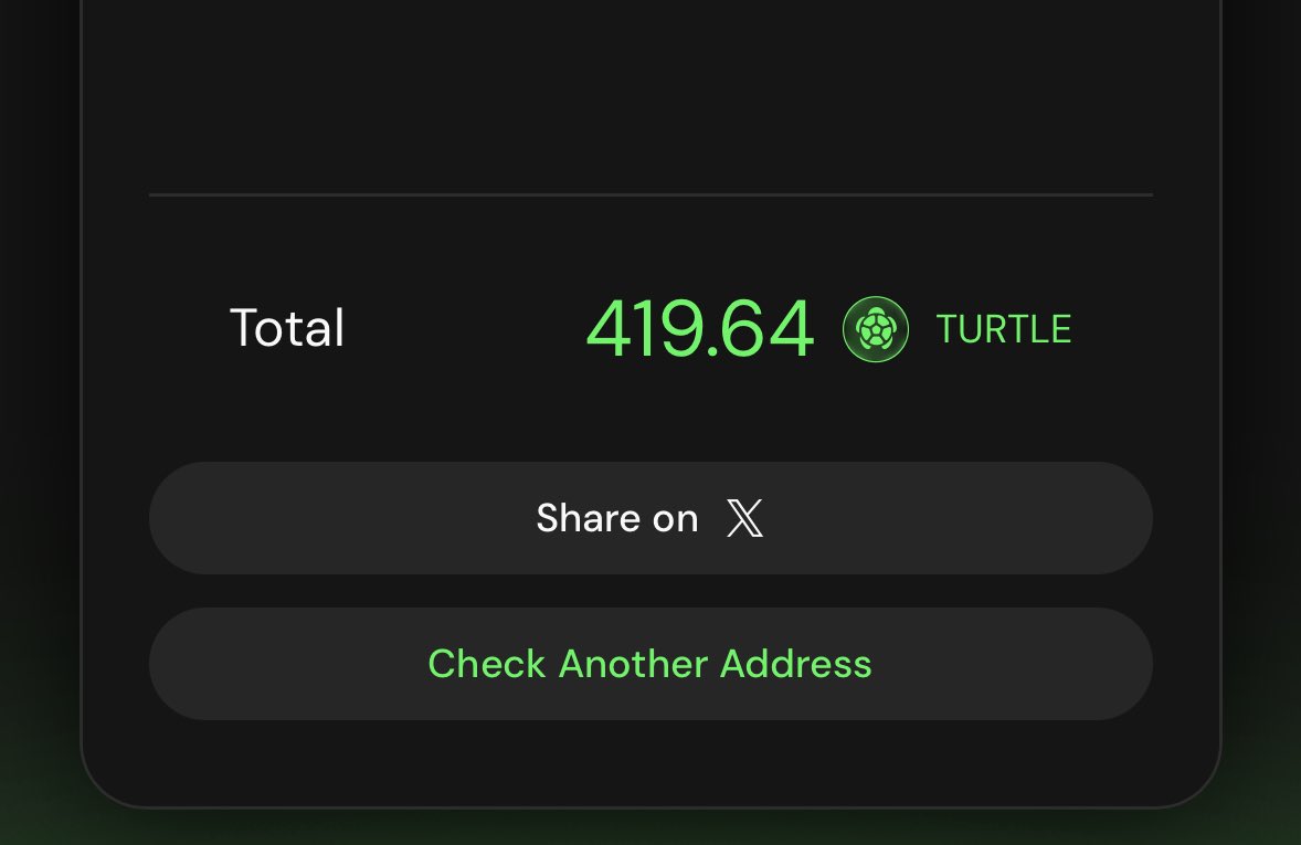 Paepi.๐ปโ๏ธ (@paepi_web3) on Twitter photo Brooo Iโm eligible for <a href="/turtledotxyz/">Turtle</a> airdrop ๐ญ๐
It's been ages that I got eligible for an airdrop ๐๐๐
I didn't yap nor did I interact wif the protocol, all I did was owning a <a href="/berachain/">Berachain Foundation ๐ปโ</a> Turtle ๐ข Badge, it pays to be early, free money ๐๐๐.
Bls $TURTLE at $1 is not bad, Brooo Iโm eligible for <a href="/turtledotxyz/">Turtle</a> airdrop ๐ญ๐
It's been ages that I got eligible for an airdrop ๐๐๐
I didn't yap nor did I interact wif the protocol, all I did was owning a <a href="/berachain/">Berachain Foundation ๐ปโ</a> Turtle ๐ข Badge, it pays to be early, free money ๐๐๐.
Bls $TURTLE at $1 is not bad,
