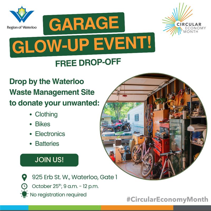 RegionWaterloo's tweet photo. October is Circular Economy Month &amp; we’re helping you clear out the garage &amp; keep valuable materials out of the landfill! 

Bring your old bikes, electronics, clothing &amp; batteries to our free drop off event!

📍Waterloo Waste Management Site, Gate #1
📅 Oct 25, 9:00 am–12:00 pm https://t.co/VNAvOwNPON
