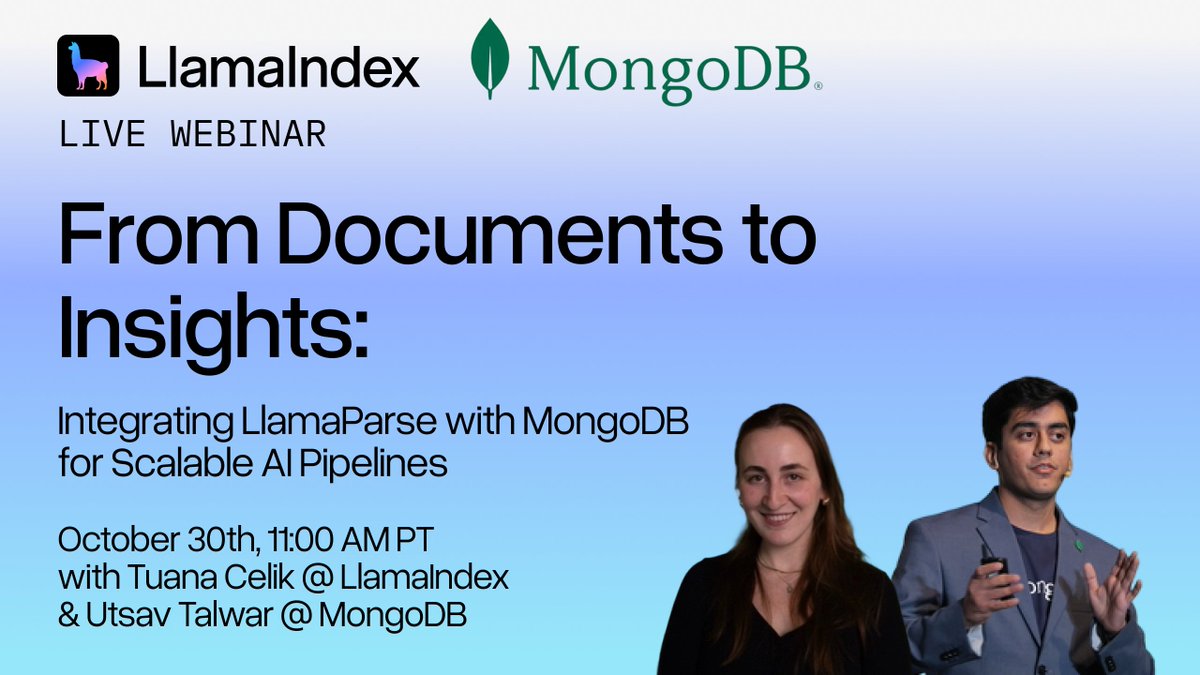 llama_index's tweet image. Transform your document processing pipeline with LlamaParse and @MongoDB to extract meaningful insights from PDFs, reports, and contracts at scale.
Join our upcoming webinar where we'll show you how to architect a production-ready solution that handles real-world document…