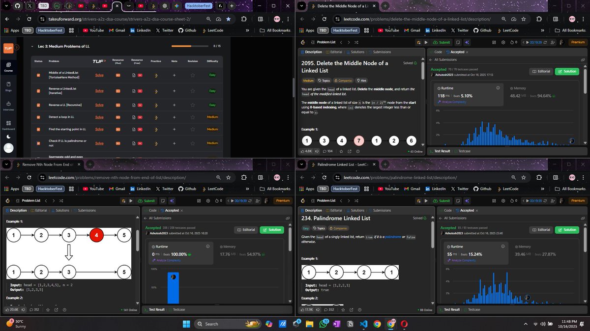 noMore_Delays's tweet image. 🟡 Day 37
Continuing with Linked List problems🔗✨
🔹19. Remove Nth Node From End of List
🔹 234. Palindrome Linked List
🔹2095. Delete the Middle Node of a Linked List

These problems really sharpen your understanding of pointers &amp;amp; traversal 🧠⚡
#100DaysOfCode #LeetCode #DSA