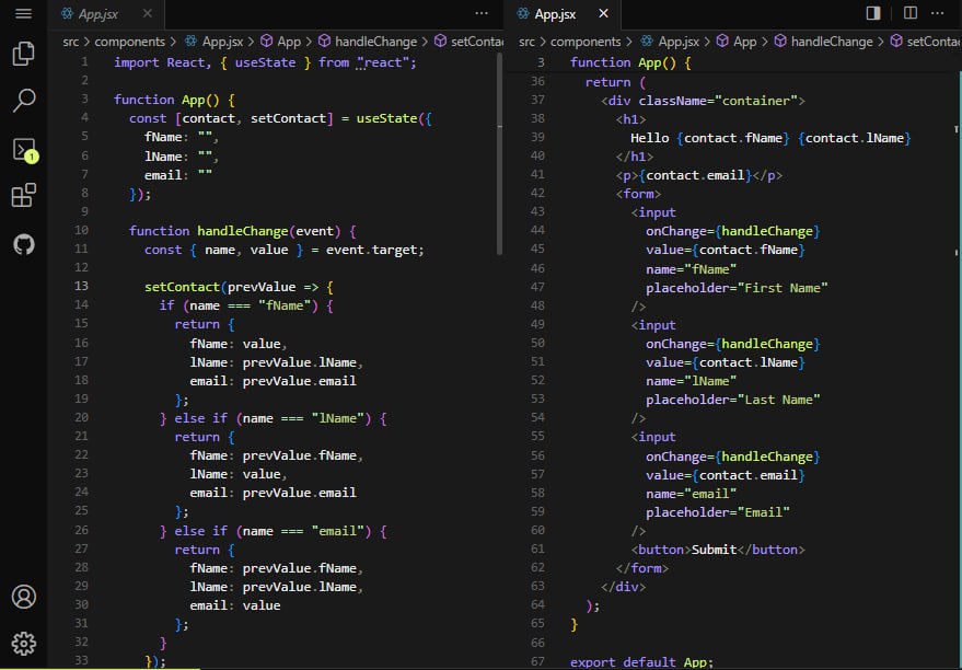 Dev_JesseMaduka's tweet image. Day 34/100 — Learning React ⚛️
Today I practiced changing complex states.
Challenge: create a contact with fName, lName, and email.
Learned how to properly update state objects with the spread operator! 💪
#100DaysOfCode #ReactJS #WebDev #Frontend