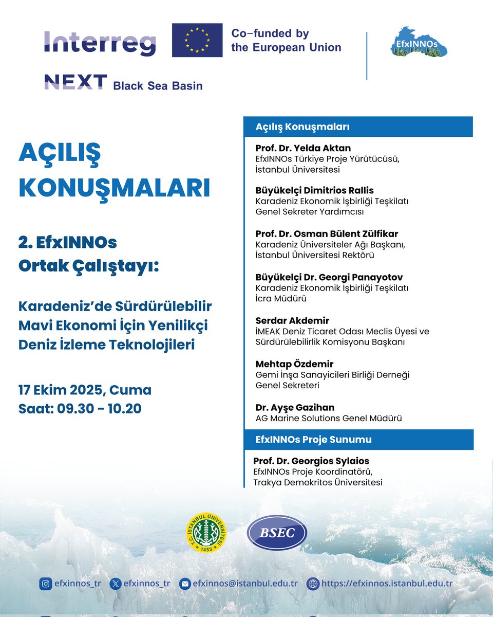 🌊 Karadeniz ekosisteminin sağlığını ve denizcilik sektörlerinin geleceğini şekillendiren yenilikçi deniz izleme teknolojilerini yarın (17 Ekim Cuma) İstanbul’da 2. <a href="/EfxINNOs_TR/">EfxINNOsTR</a> Ortak Çalıştayı’nda konuşuyoruz. TR/ENG simültane çeviri, online katılım linki
us06web.zoom.us/meeting/regist…