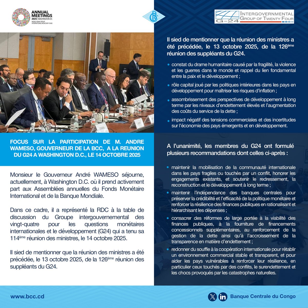 BCC_RDC's tweet image. Focus sur la participation de Monsieur André WAMESO, Gouverneur de la Banque Centrale du Congo, à la réunion du G24 à Washington D.C., le 14 octobre 2025.
#ÉconomieRDC #BCC #IMFWorldBankAnnualmeetings2025 #G24