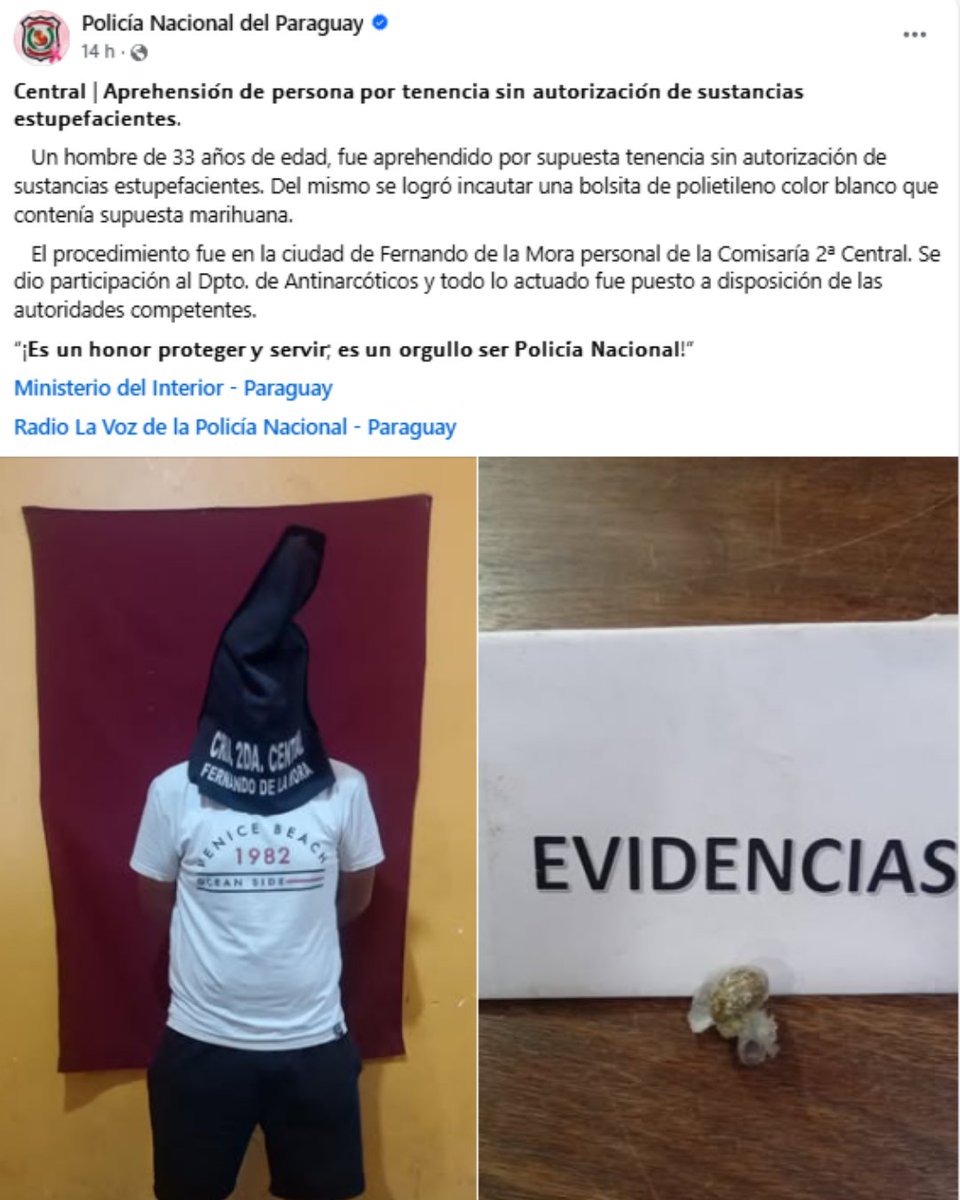 GuachireM's tweet image. Vergüenza ajena👮
La Policía expone a un hombre como logro institucional tras detenerlo con menos de 3 gramos de marihuana, sin pruebas de venta. La Ley 1340/88 (art. 30) permite hasta 10 gramos, y la Ley 6007/17 regula el cannabis medicinal.
Vía: mariguay.com/blog-details.p…