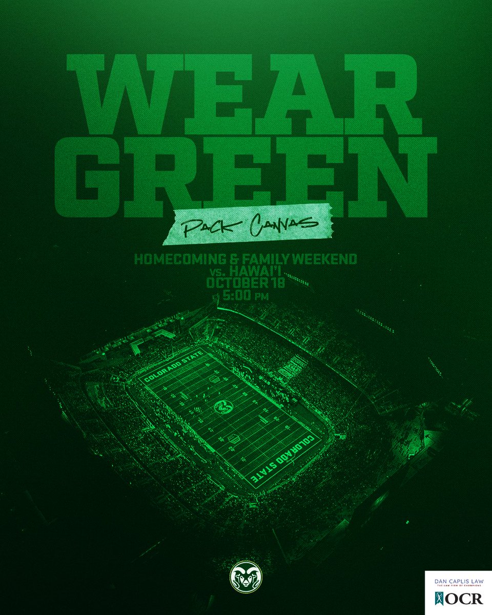 CSURams's tweet photo. WEAR YOUR GREEN ❗️

Wear your green for this Saturday's @CSUFootball homecoming game against Hawai'i! Tickets are limited! Get yours below! 👇

🎟️ https://t.co/SSYlafMJkG

#Relentless x #CSURams https://t.co/7juEJhLnlU