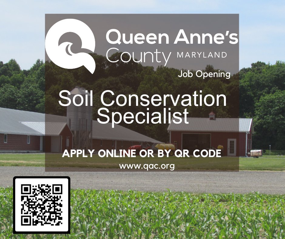 CONSERVATION SPECIALIST - Soil Conservation District
Posting start &amp; end date10/16/2025 - 10/30/2025, EOE
Salary Range, $50,962.00-$98,143.00, FULL-TIME

To apply: queenannescountymd.tylerportico.com/tess/citizen/j…
Benefits: qac.org/213/Benefits