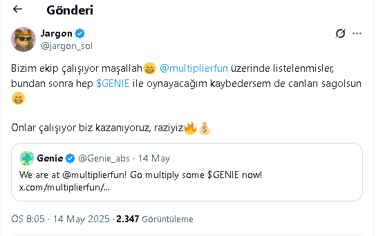 Jargon (@jargon_sol) on Twitter photo $GENIE Zamanında 20K mcap'te paylaşmıştık ve 1M mcap yapmıştı. Ekip o zamanda çalışkandı hala çalışkan.
Çok güzel işler yaptılar ve şimdi NFT çıkarıyorlar.
Mintleri açık, 4 adet mintledim. O kadar çok parasını yedik, NFT'sini almazsak olmaz😀
Sniping, copy trading ve raffle $GENIE Zamanında 20K mcap'te paylaşmıştık ve 1M mcap yapmıştı. Ekip o zamanda çalışkandı hala çalışkan.
Çok güzel işler yaptılar ve şimdi NFT çıkarıyorlar.
Mintleri açık, 4 adet mintledim. O kadar çok parasını yedik, NFT'sini almazsak olmaz😀
Sniping, copy trading ve raffle