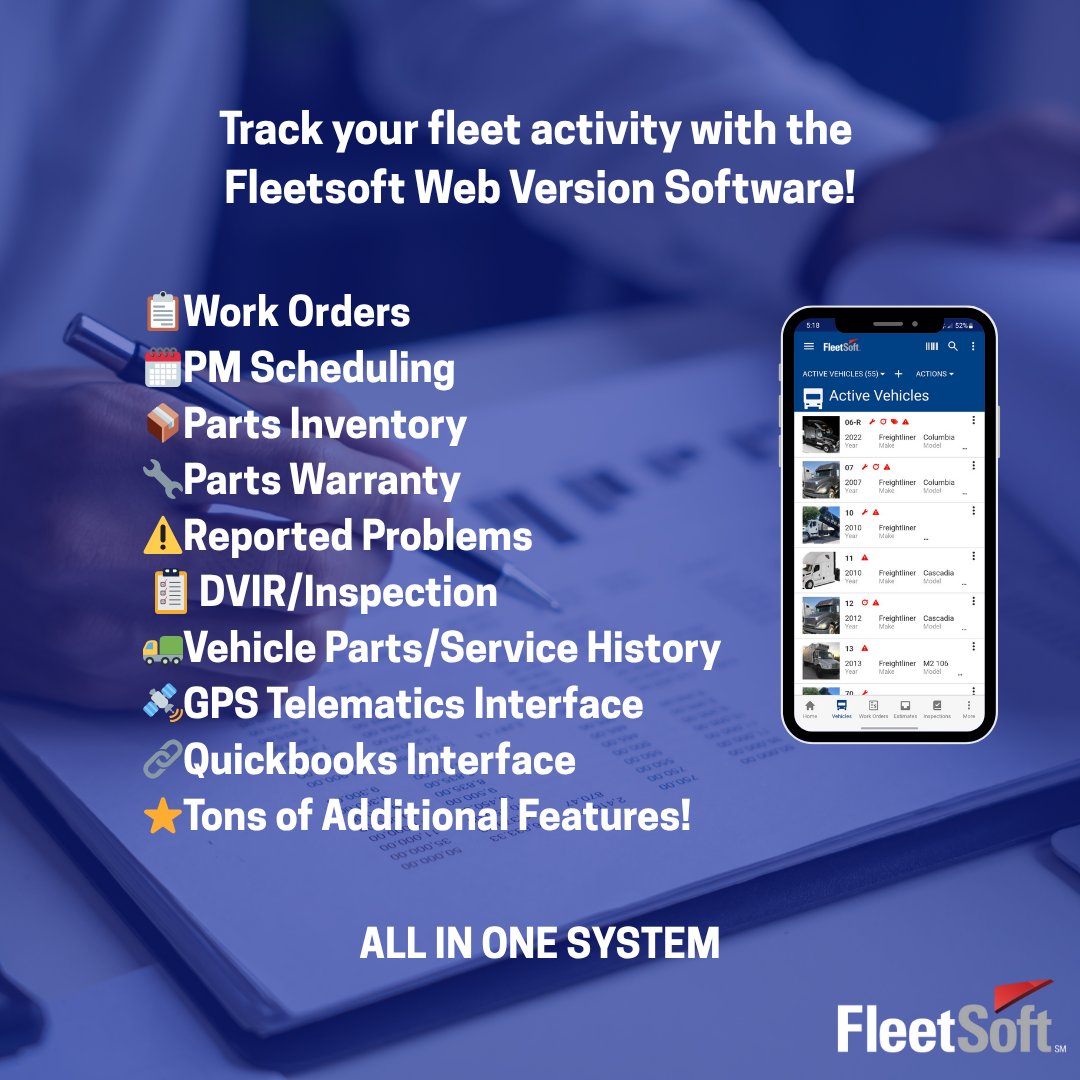 Fleet_Soft's tweet image. Manage more efficiently with the Fleesoft Web Version Software! Our software has everything you need to track and manage your entire fleet in one system!
For more details, visit 👉 fleet-maintenance.com
#WebVersion #FleetSolutions #AllInOneSystem