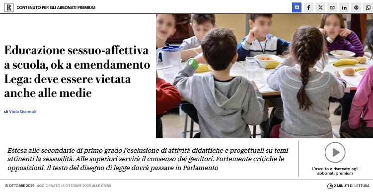 riktroiani's tweet photo. L'#educazionesessuale nelle #scuole:
- #Scuole superiori (con il consenso dei genitori che dovranno conoscere temi e materiale didattico)
- primarie e #medie: vietato di parlare di tematiche sessuali in aula "ad attivisti ideologizzati" ed "esperti esterni".
Che ne pensate dell'emendamento della #Lega approvato dalla Commissione Cultura della Camera che sta esaminando il disegno di legge sul consenso informato presentato dal ministro dell'Istruzione e del Merito, Giuseppe #Valditara?
Fonte foto: La Repubblica