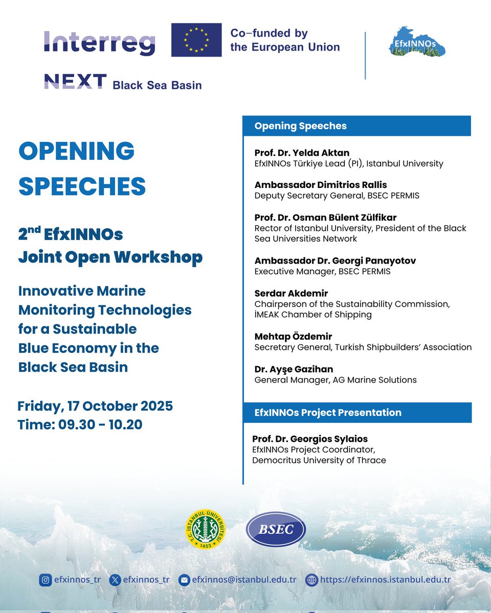 🌊 Tomorrow (17th November, Friday) in Istanbul, we’ll discuss the innovative marine monitoring technologies shaping the health of the Black Sea ecosystem and the future of maritime sectors at the 2. <a href="/EfxINNOs_TR/">EfxINNOsTR</a> Joint Workshop, Simultaneous int. (TR/ENG) us06web.zoom.us/meeting/regist…