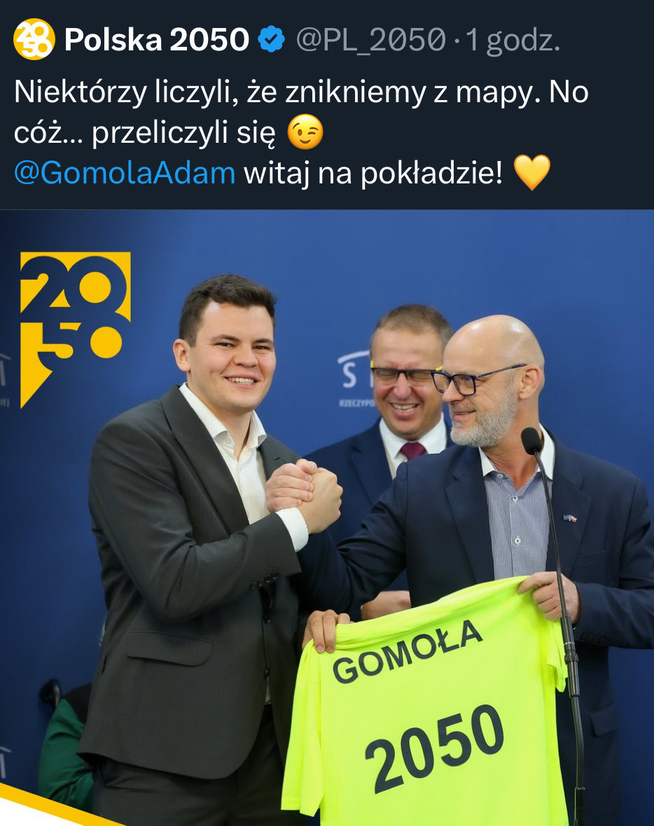 Adam Gomoła wraca do Polski 2050 po roku od afery z listami wyborczymi. Czy to nie raczej powrót na pokład tonącego okrętu koalicji?