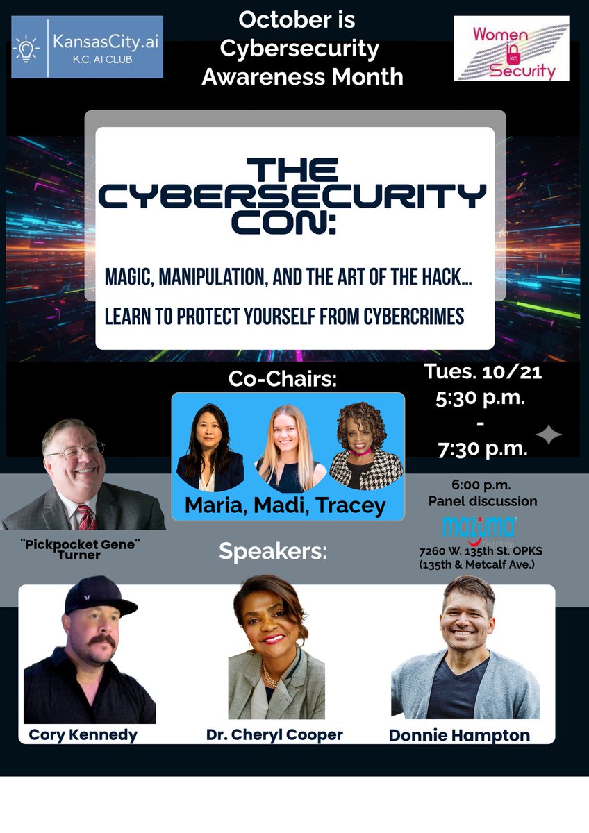 🚨KC, level up your cybersecurity skills. Free Cybersecurity Awareness Month event hosted by <a href="/KCAIClub/">Kansas City AI Club</a> and @WiSKC.
🗓️ 10/21,| 6 PM
📍 Mazuma in OPKS
✅ Register free today →  share.google/KNtxxUy0yEzrk8…

#KansasCityAIClub #WomenInSecurity