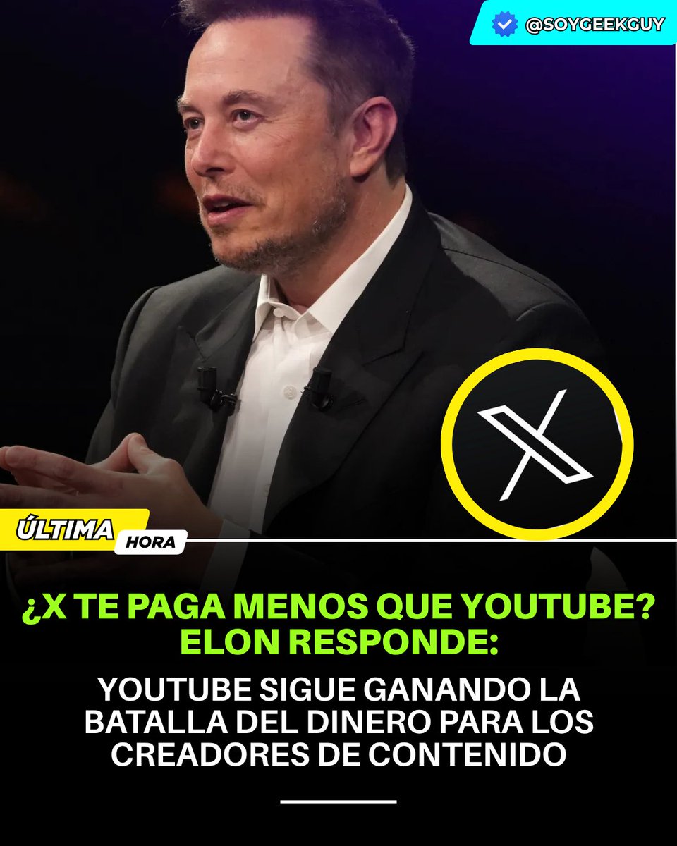 soygeekguy's tweet image. Elon Musk reconoce que el sistema de monetización de X tiene problemas: "estamos subpagando". 💸 Creadores se quejan de ingresos bajos y Musk dice que "YouTube lo hace mejor".
💬 ¿Prefieres YouTube u otra plataforma? #ElonMusk #MonetizaciónX #X #PagosParaCreadores #YouTubeVsX