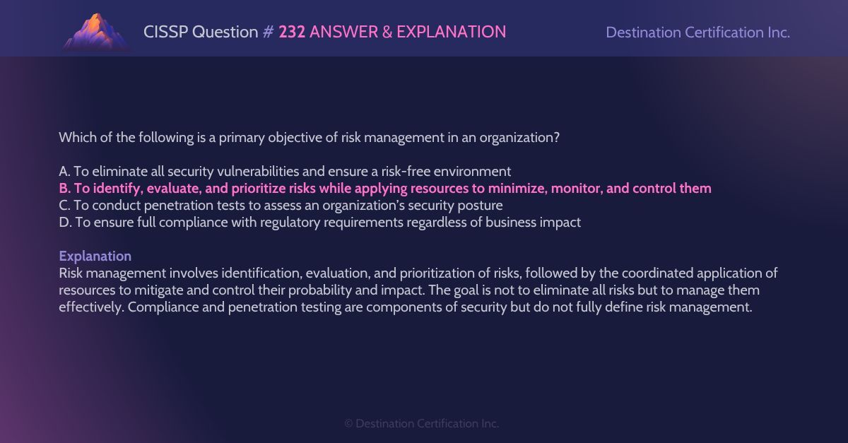 destcert's tweet image. #CISSP Question #232 Answer and Explanation

Here is the answer and an analysis of how to reach the correct answer. If you want to see more content like this, do let us know!

#WeeklyCISSPChallenge #QuestionOfTheWeek #CyberSecurity #CISSPpractice #practicequestions #ISC2