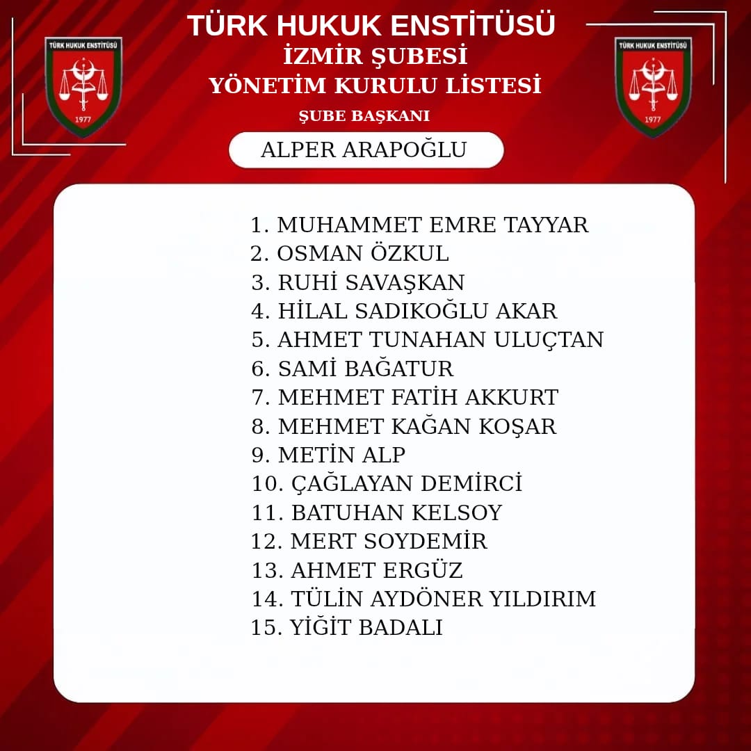 Türk Hukuk Enstitüsü İzmir Şubesi olarak yeni yönetim kurulumuzu oluşturmuş bulunmaktayız. Yeni yönetim kurulu üyelerimize çalışmalarında başarılar diliyor, tüm camiamız adına hayırlara vesile olmasını temenni ediyoruz.
