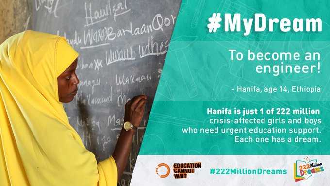 #MyDream: To become an engineer! ~Hanifa, 14, #Ethiopia

Hanifa is just 1 of millions of crisis-affected children who need urgent quality education. 

Each one has a dream! Let's #KeepHopeAlive!

#SDG4 <a href="/FCDOEducation/">FCDO Girls’ Education</a> <a href="/BMZ_Bund/">Bundesentwicklungsministerium</a> @DFAT @AFD_En @Noradno @Qatar_Fund