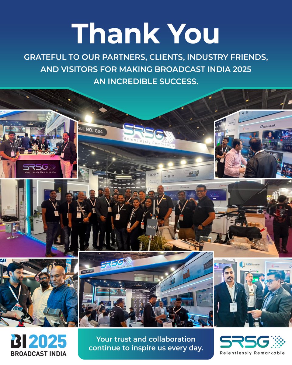 A heartfelt thank you to our partners, clients &amp; industry friends for making #BroadcastIndia2025 such a success!

Your trust keeps us inspired to innovate &amp; grow together. 🙏

📞 +91-11-49508100 | 🌐 srsg.com
...
#SRSG #BroadcastInnovation #TeamSRSG