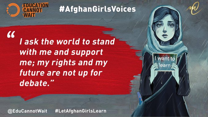 💔+4 Years💔

“I ask the world to stand with me and support me. My rights and my future are not up for debate." 

Four years since the ban on girls' secondary education in 🇦🇫 <a href="/EduCannotWait/">Education Cannot Wait</a> continues sharing #AfghanGirlsVoices👉bit.ly/afghangirlsvoi… 

#KeepHopeAlive <a href="/DubaiCares/">Dubai Cares</a>