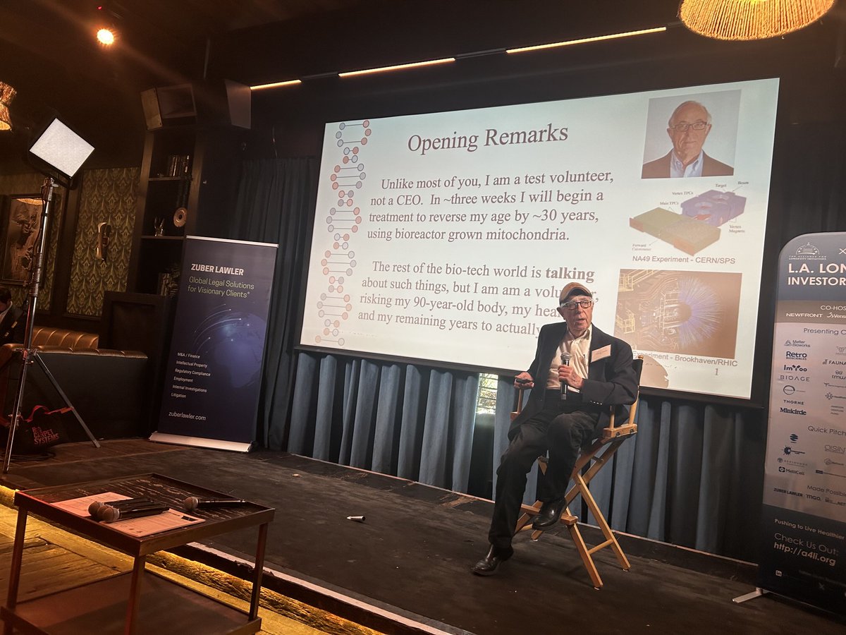 90 year old Professor John Cramer is planning to be a test subject for mitochondrial transplant by Mitrix bio. Hard to believe he’s 90- he seems about 70. At ⁦<a href="/theA4LI/">The Alliance for Longevity Initiatives (A4LI)</a>⁩ investor Summit #LAtechweek.