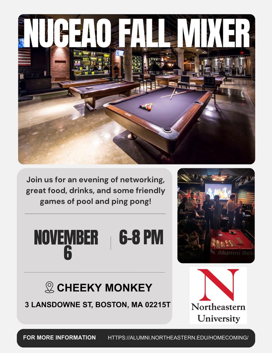 🎉 The annual NUCEAO Fall Mixer is here!
Connect with fellow Northeastern Civil Engineering alumni and celebrate the start of Homecoming 2025! 

📍 Cheeky Monkey, Boston
📅 Nov 6 | 6–8 PM
🔗 Register now: eventregistration.northeastern.edu/event/91c16fbb…