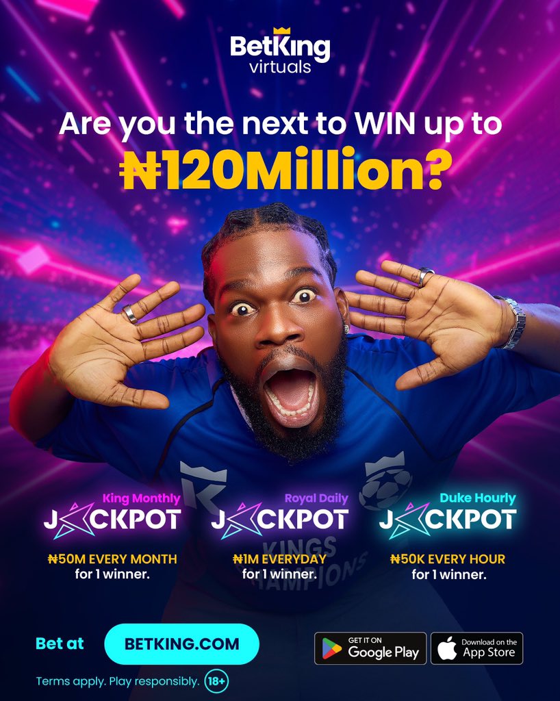 Ada_Daddyya's tweet photo. Ready to turn small stakes into big wins? BetKing’s Virtual Jackpot gives you a shot at ₦120 million from hourly ₦50k wins to daily ₦1M and monthly ₦50M jackpots. All it takes is ₦100 to play!

👉 Join now and start winning like a King at https://t.co/PVh4qmmqcE 👈 https://t.co/7NyAyPmsxh