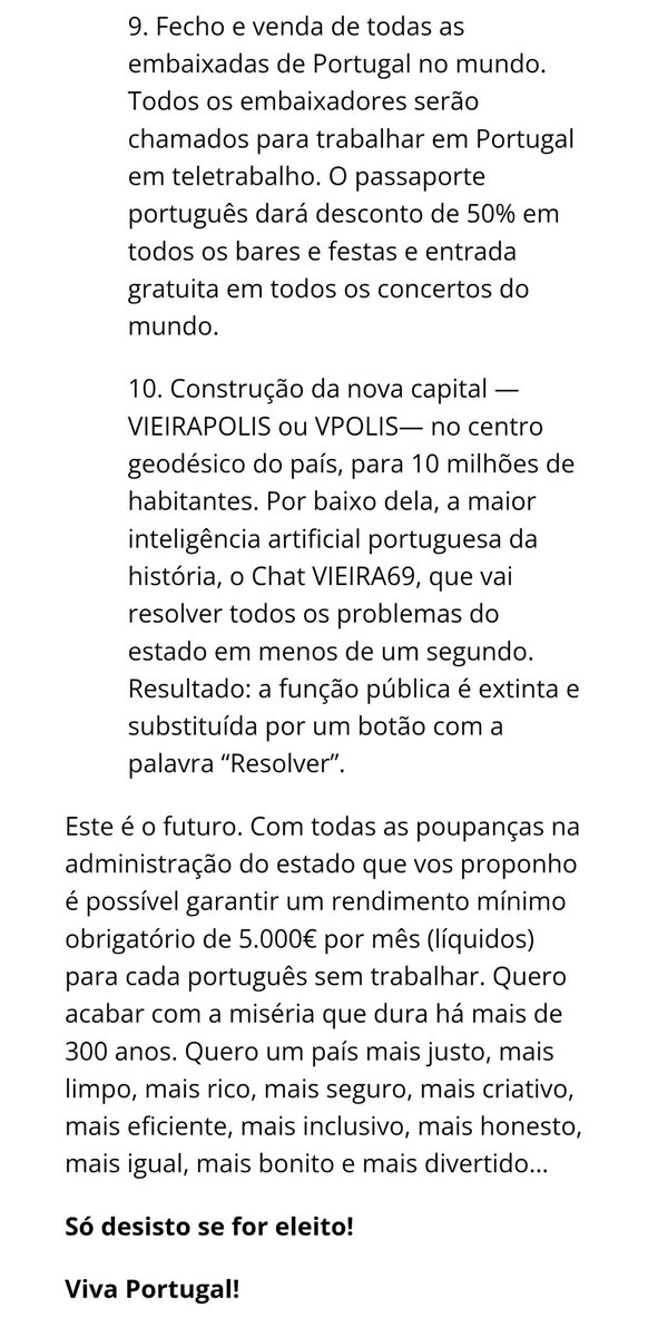Manifesto eleitoral de Manuel João Vieira, candidato à Presidência da República.