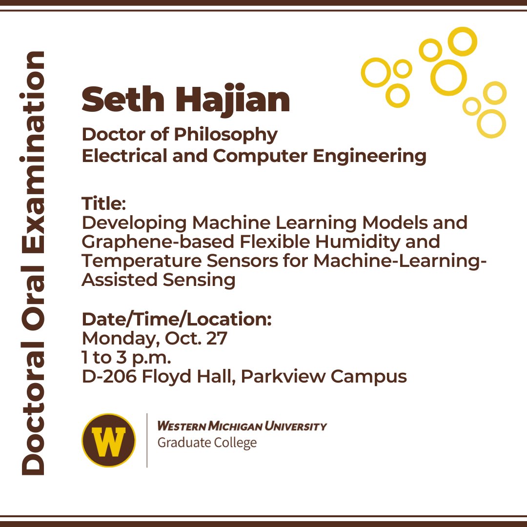 The Graduate College announces a doctoral oral examination:

Candidate: Seth Hajian
Department: Electrical and Computer Engineering
Title: Developing Machine Learning Models and Graphene-based Flexible Humidity and Temperature Sensors for Machine-Learning-Assisted Sensing